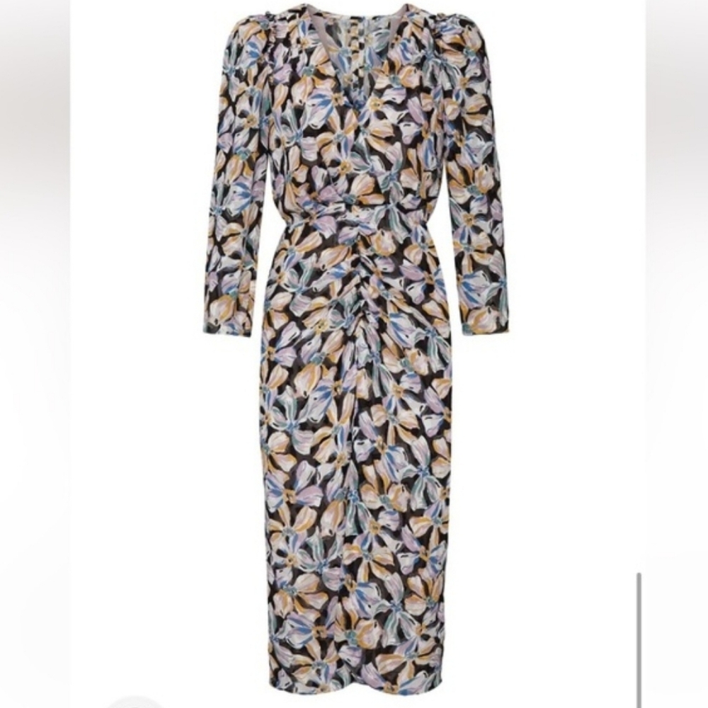 REBECCA TAYLOR NYC  BOW FLEUR MIDI  RUCHED DRESS SIZE 0 - Picture 3 of 17